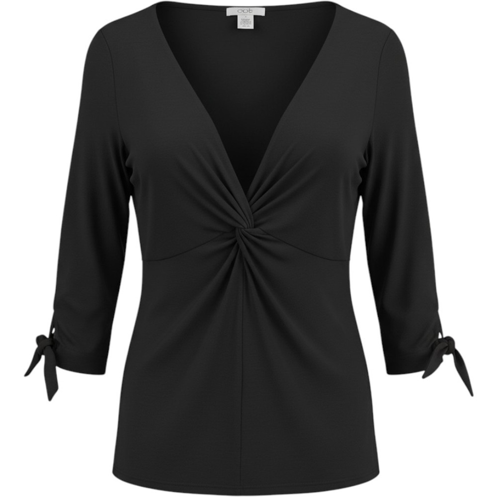 Cache Twist Front Tie Sleeve Top Size Medium Black V-Neck Knit Blouse